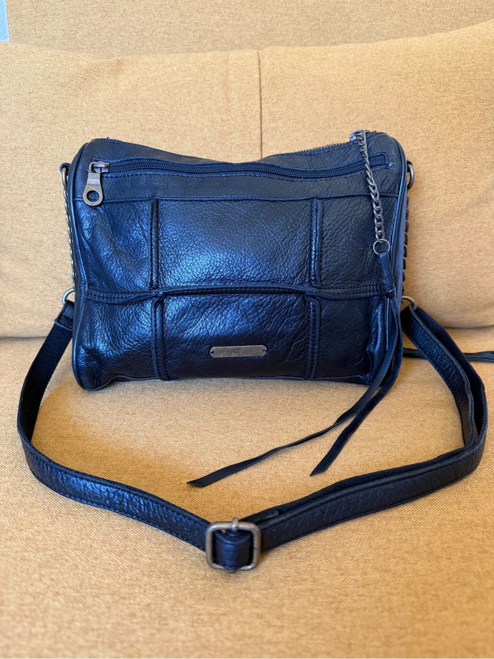 Lucky Brand Black Leather Crossbody Bag Boho Shoulder Purse Adjustable Strap